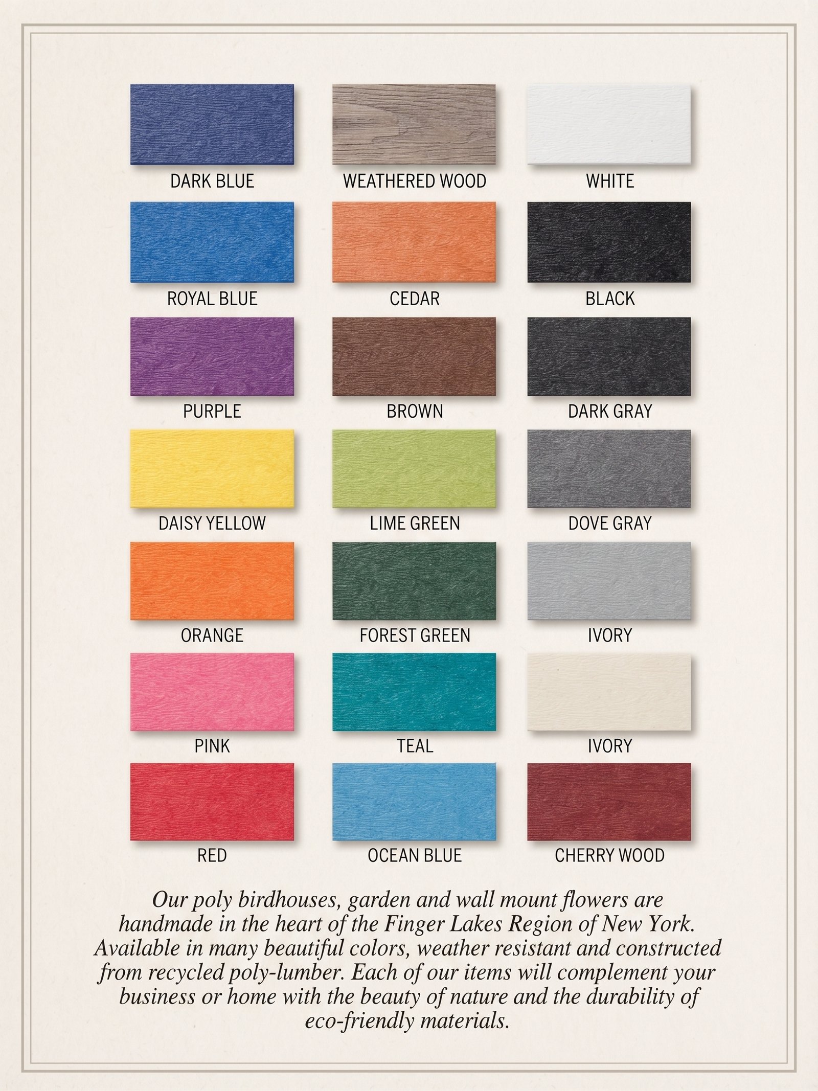 20 Weather-Resistant Polly Lumber Color Options